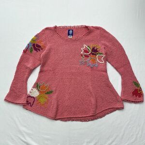 Amano Floral Sweater Cotton Knit Embroidered Crochet Trim Womens S/M Pink Boho